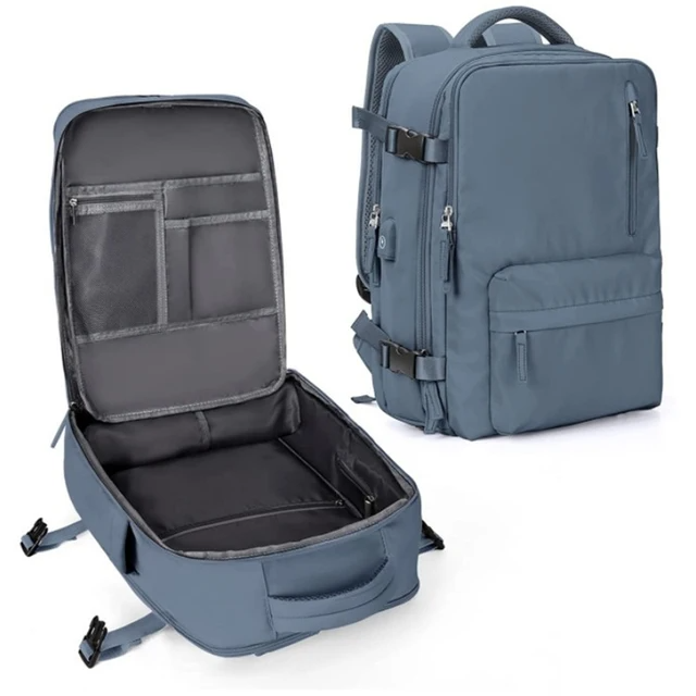 Blaue 35L Handgepäck-Rucksack, wasserfest, für Reisen, mit mehreren Fächern.