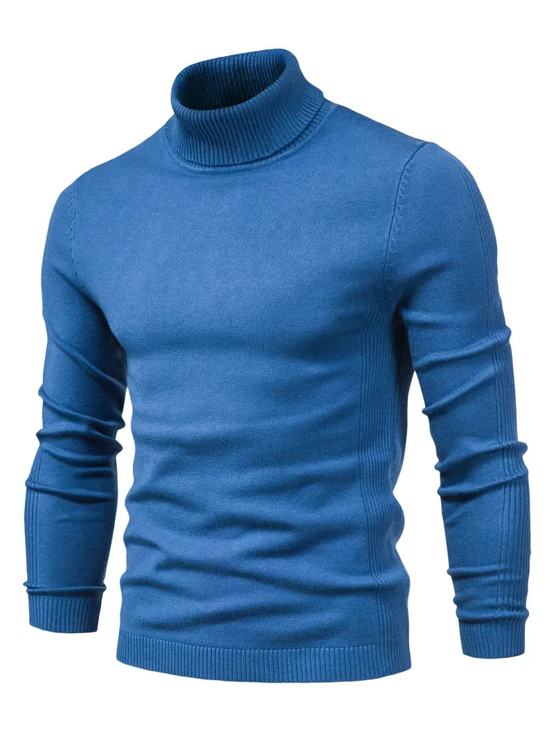 Blauer Rollkragenpullover Herren, Strick, Langarm, modisch, warm, Wintermode, Baumwolle.