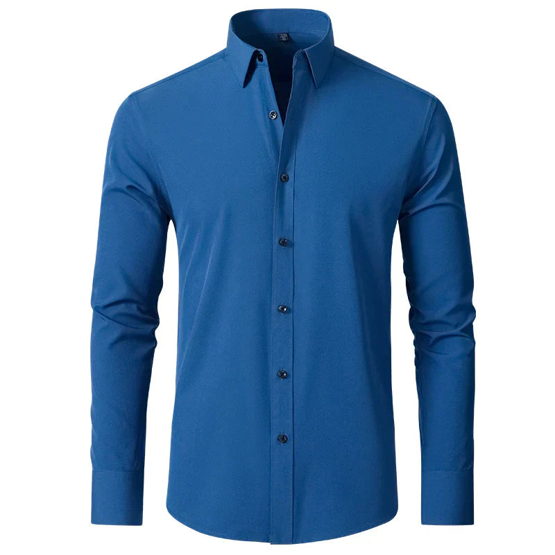 Blaues Herrenhemd, langärmelig, Knopfleiste, elegantes Design, Baumwolle, Businessmode.
