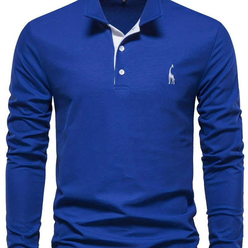 Blaues Herren-Poloshirt, langärmelig, Baumwolle, mit Knopfleiste und gesticktem Logo.