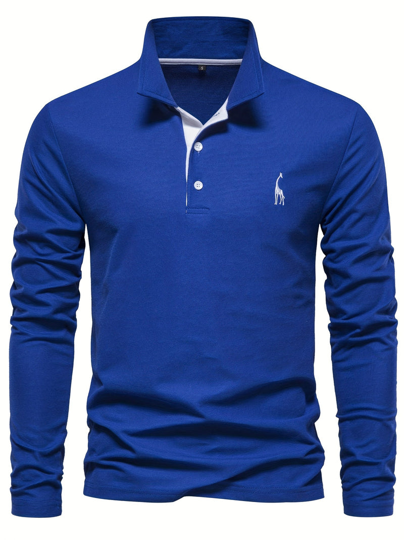 Blaues Langarm-Poloshirt mit Knopfleiste und gesticktem Logo, Herrenmode, Baumwolle.