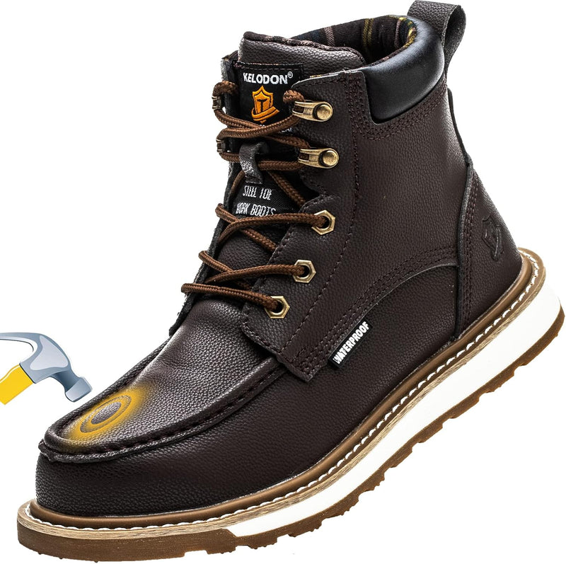 Brauner Sicherheitsstiefel aus Leder mit Stahlkappe, rutschfeste Sohle, robustes Design.