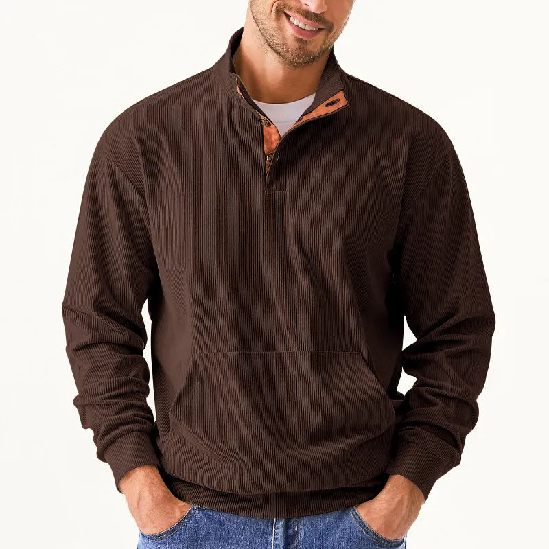 Braunes Herren-Sweatshirt mit Reißverschluss, geripptes Design, Freizeitmode, Baumwolle.