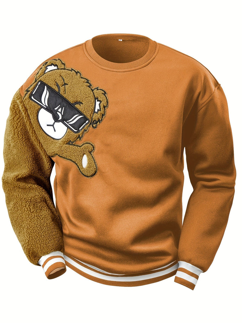 Brauner Sweatshirt mit Bärenmotiv, Sonnenbrille, Plüscharm, Unisex, modisch, bequem.