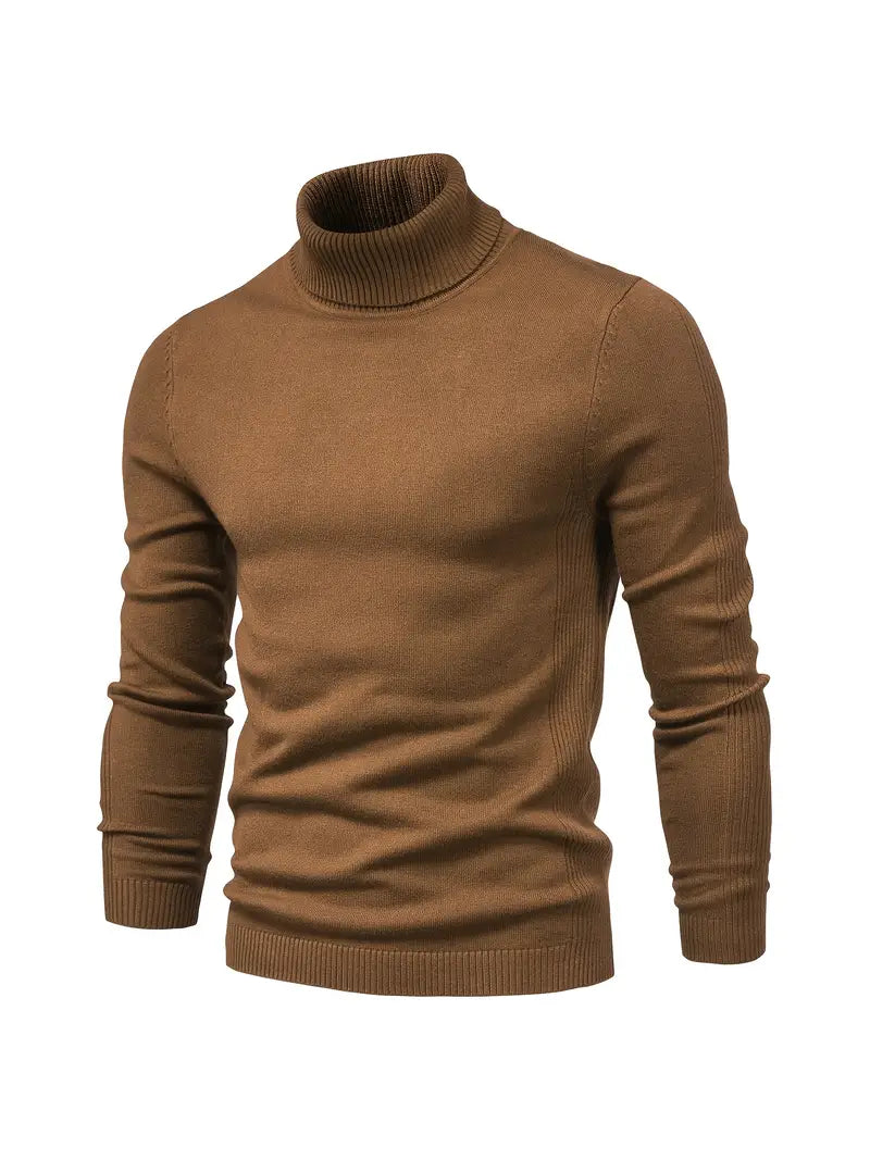 Brauner Rollkragenpullover Herren, Strick, Langarm, modisch, warm, Wintermode.