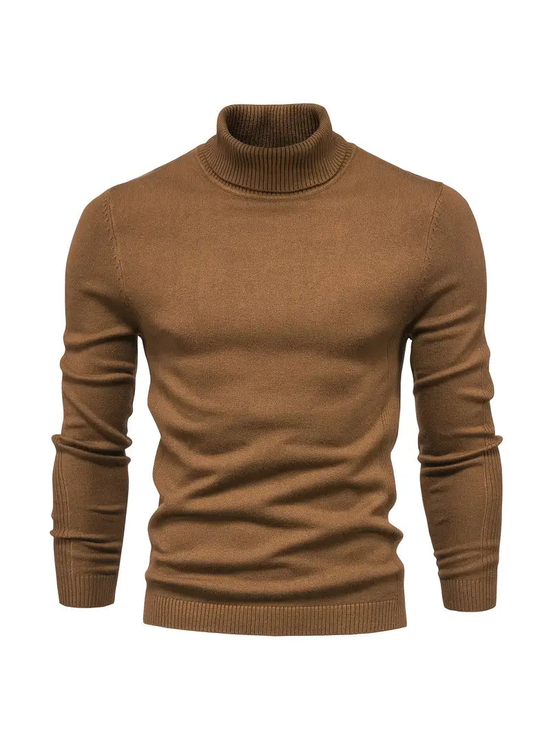 Brauner Rollkragenpullover Herren, Strick, langärmelig, modisch, warm, Herbstmode.