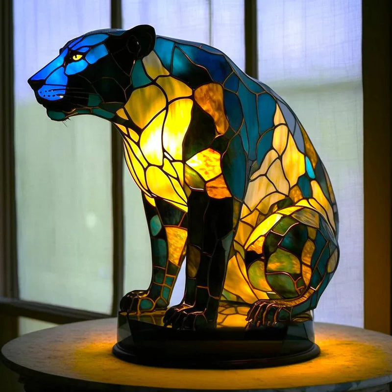 Buntes Tiffany-Glas-Panther-Lampe, leuchtend, dekorativ, Kunsthandwerk, Wohnzimmerbeleuchtung.