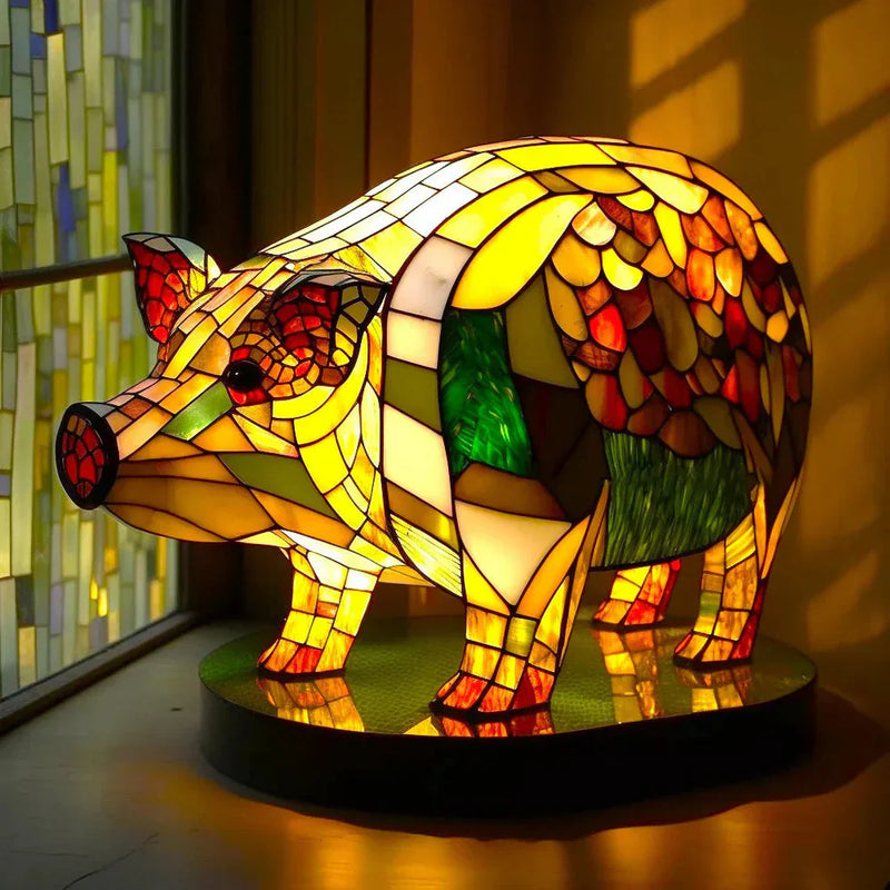 Buntes Tiffany-Glas Schwein Lampe, dekorative Beleuchtung, handgefertigt, Kunstglas, Unikat.