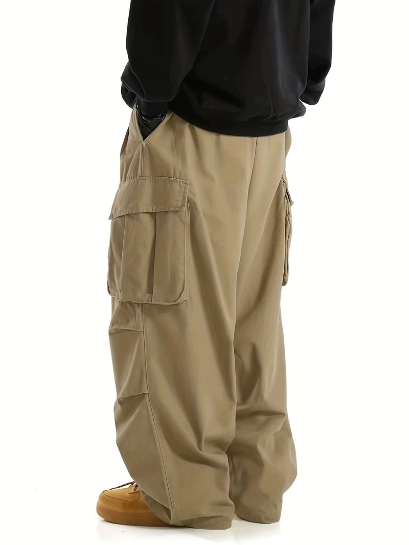 Beige Cargohose Herren, weites Bein, Taschen, lässiger Stil, Streetwear, Baumwolle