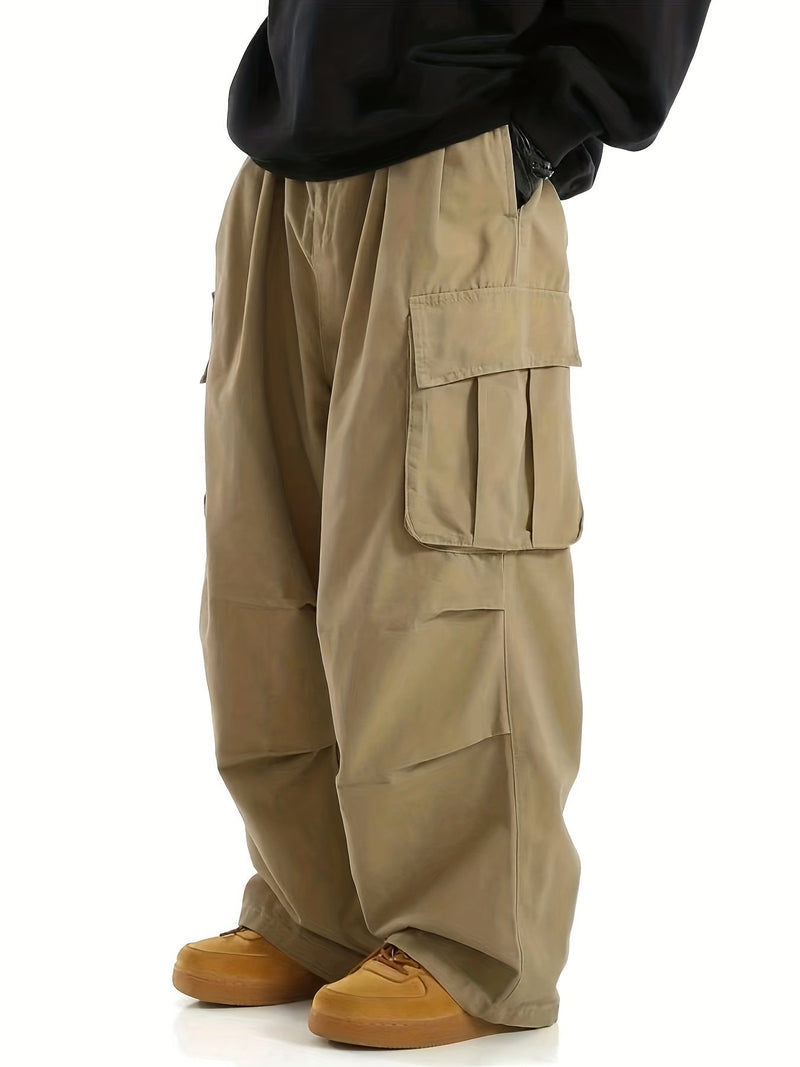 Beige Cargo-Hose, weites Bein, Taschen, Herrenmode, Streetwear, lässig, Baumwolle, Outdoor.