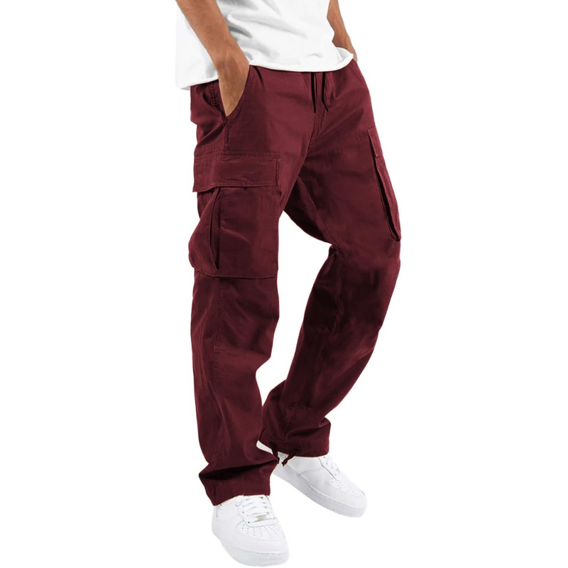Bordeauxfarbene Cargo-Hose für Herren, Baumwolle, lässig, mit Taschen, modisch.