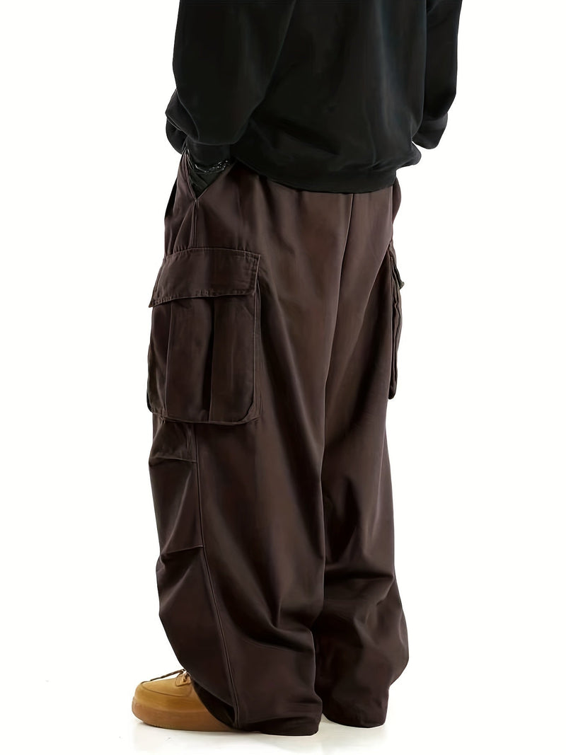 Braune Cargo-Hose Herren, weites Bein, Taschen, lässiger Stil, Streetwear, Baumwolle.