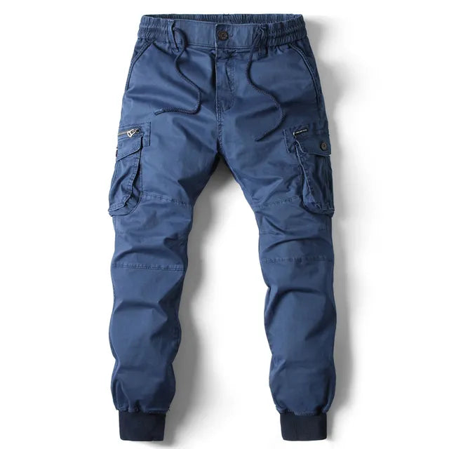 Blaue Herren-Cargohose, Baumwolle, Jogging-Stil, Taschen, Streetwear, Militär-Look.