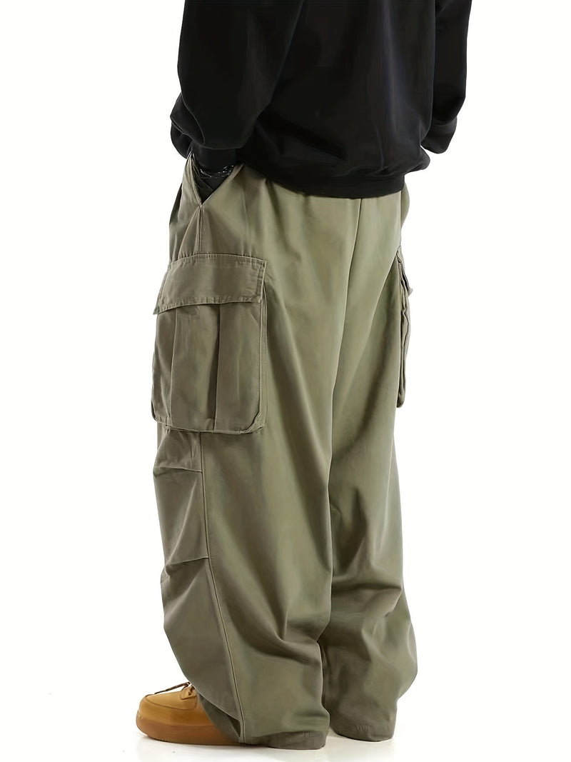 Grüne Cargohose Herren, weites Bein, Taschen, lässiger Stil, Streetwear, Baumwolle.