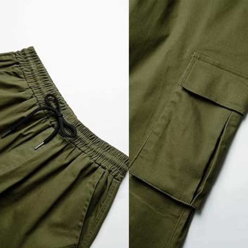 Grüne Cargohose mit elastischem Bund und Seitentasche, Herrenmode, Freizeitkleidung.