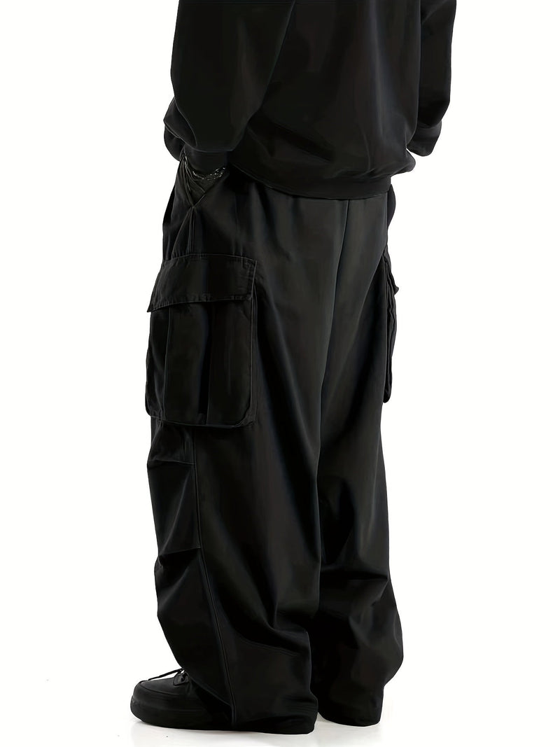 Schwarze Cargo-Hose Herren, weites Bein, Taschen, Streetwear, modisch, lässig, Baumwolle.