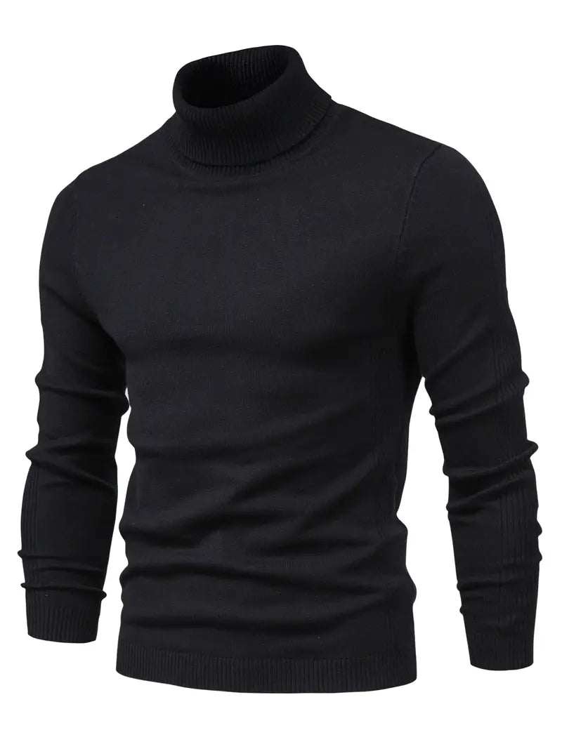 Schwarzer Rollkragenpullover Herren, Strick, warm, elegant, Wintermode, Slim Fit.