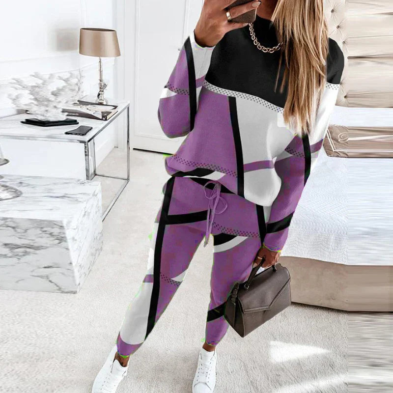 Farbblock-Patchwork-Damen-Set, lila und schwarz, Sweatshirt und Jogginghose, modisch.
