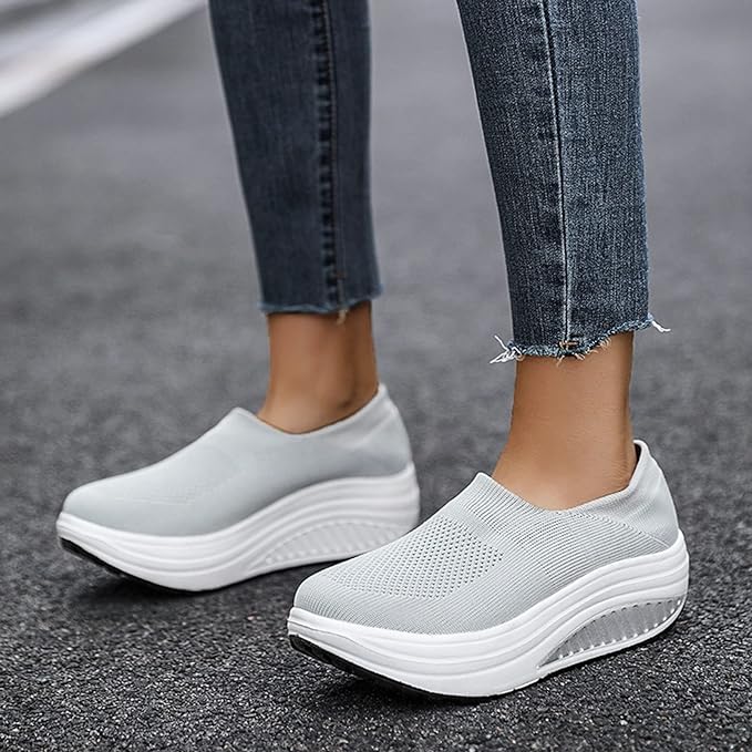 Damen Slip-On Sneaker, grau, atmungsaktiv, Plateau-Sohle, bequem, modisch, Freizeit-Laufschuh