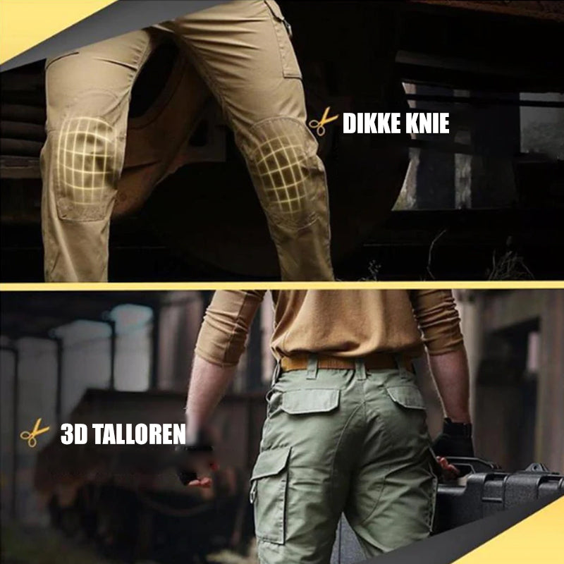Zweifarbige taktische Hose mit verstärkten Knien und Taschen, ideal für Outdoor-Aktivitäten.