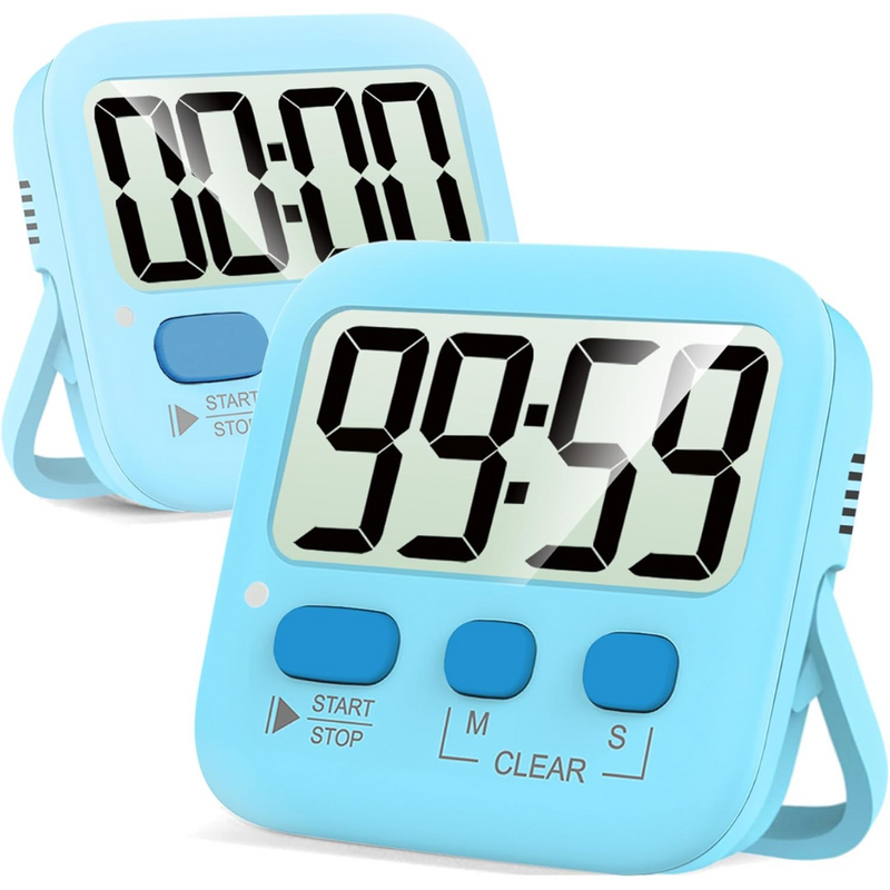 Zwei blaue digitale Küchentimer mit großen LCD-Displays und Tasten für Start, Stopp und Reset.