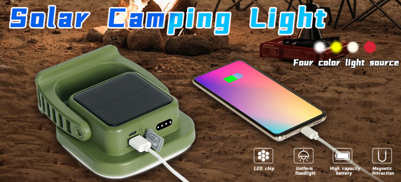 Grüne Solar-Campinglampe mit USB-Anschluss, LED-Chip, hoher Kapazität, magnetisch.