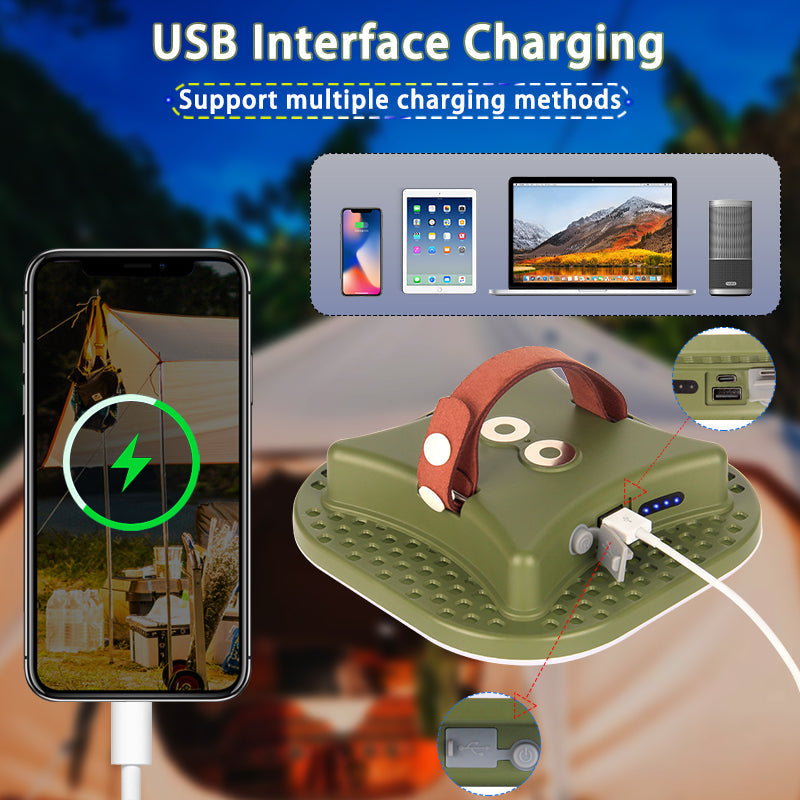 Grünes tragbares Ladegerät mit USB-Anschluss, kompatibel mit Smartphone, Tablet, Laptop.