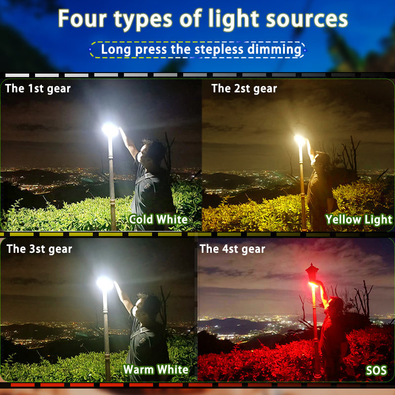 Vier Lichtquellenmodi, kaltweiß, gelb, warmweiß, SOS, Nachtansicht, dimmbar, LED-Lampe.