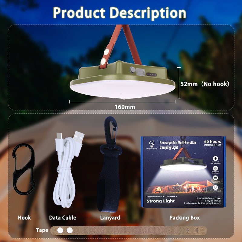 LED-Campinglampe, wiederaufladbar, grün, mit Haken, USB-Kabel, ideal für Outdoor-Abenteuer.