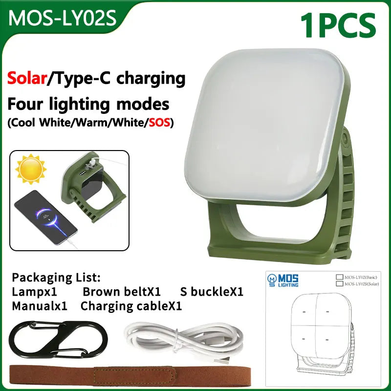 Grüne LED-Campinglampe mit Solar- und Typ-C-Ladung, vier Lichtmodi, tragbar.