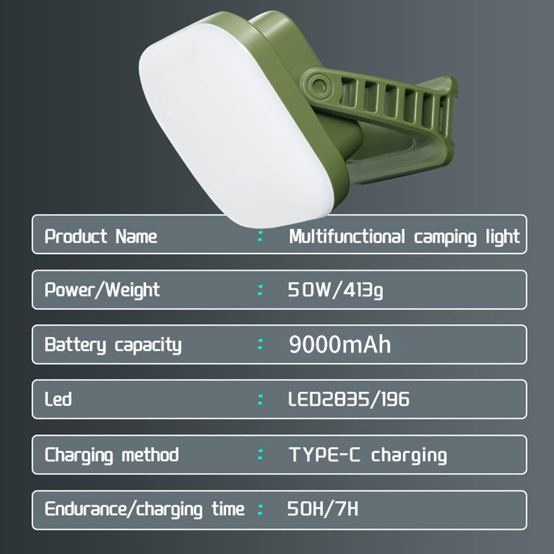 Grüne multifunktionale Campinglampe, 50W, 9000mAh, LED2835, USB-C, tragbar, Outdoor-Beleuchtung.