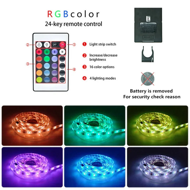 RGB LED-Lichtstreifen mit Fernbedienung, 16 Farben, 4 Modi, batteriebetrieben, flexibel.