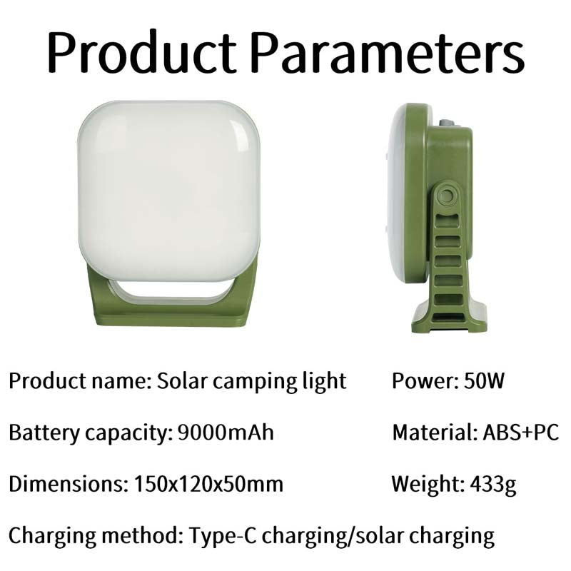 Grüne Solar-Campinglampe, 50W, 9000mAh, ABS+PC, Typ-C/Solar-Ladung, 150x120x50mm, 433g.