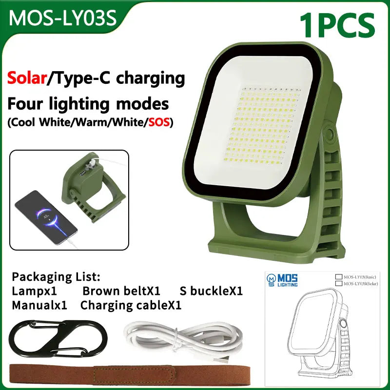 Grüne LED-Campinglampe mit Solar- und USB-C-Ladung, vier Lichtmodi, tragbar, 1 Stück.