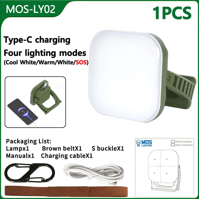 Tragbare LED-Lampe mit Clip, USB-C, 4 Lichtmodi, grün, für Camping und Outdoor.