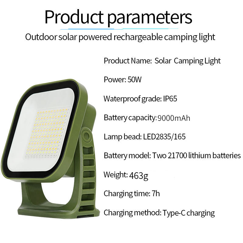 Solarbetriebene wiederaufladbare Campinglampe, 50W, IP65, 9000mAh, LED, grün.