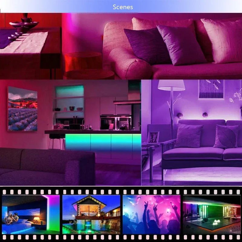 Wohnzimmer mit bunter LED-Beleuchtung, moderne Einrichtung, gemütliche Sofas, stimmungsvolle Atmosphäre.