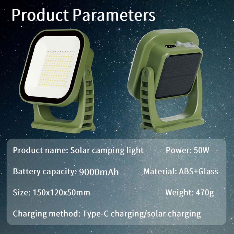 Grüne Solar-Campinglampe, 50W, 9000mAh, ABS+Glas, Typ-C/solarbetrieben, tragbar.
