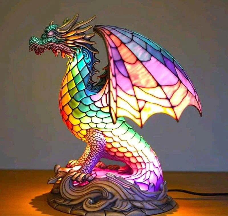 Bunte Drachenlampe aus Glas, LED, dekorativ, Tischleuchte, farbenfrohes Design, Wohnzimmer.