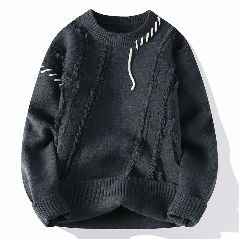 Dunkelblauer Strickpullover mit Fransen, Herrenmode, Baumwolle, modisches Design, Herbstbekleidung.
