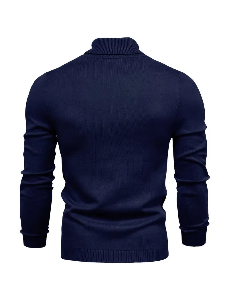Dunkelblauer Herrenpullover, Langarm, Rollkragen, Strick, modisch, warm, elegant.