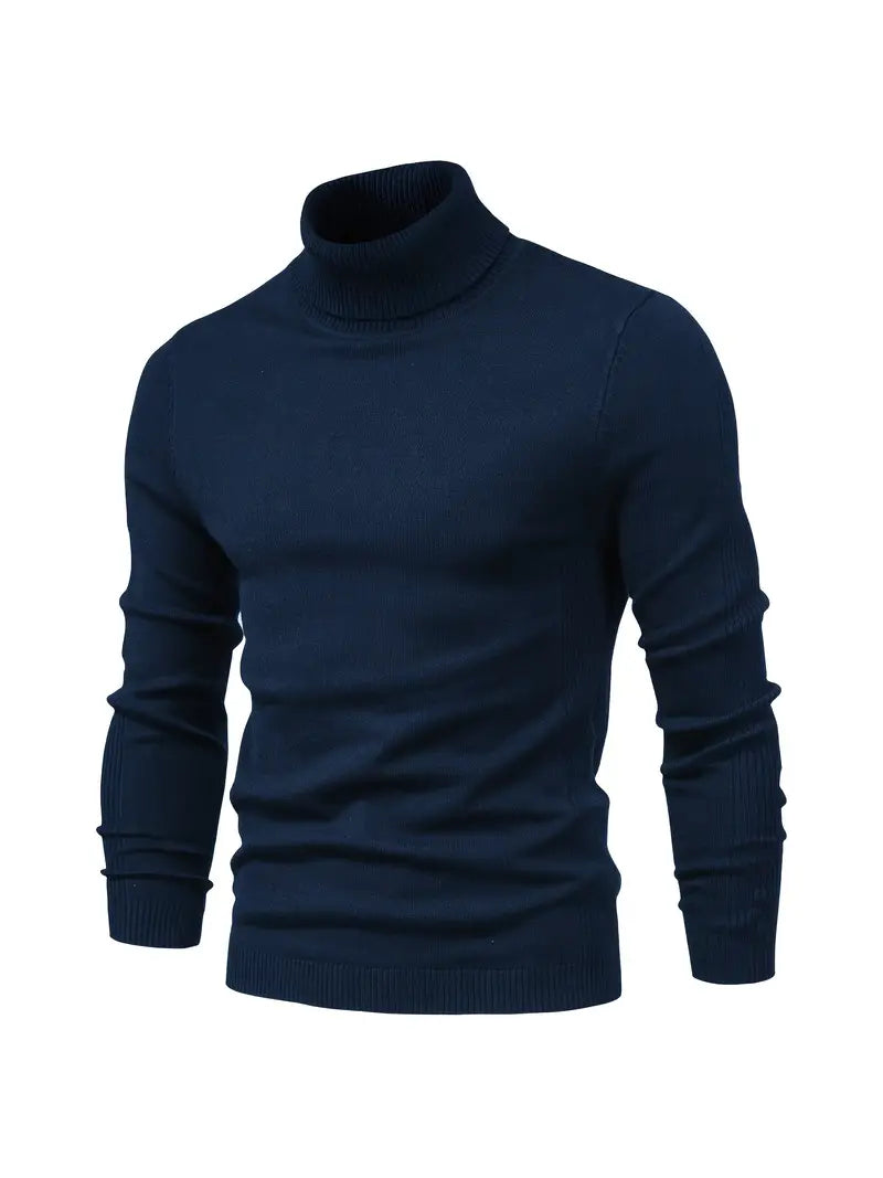 Dunkelblauer Rollkragenpullover Herren, Strick, warm, modisch, Wintermode, elegant.