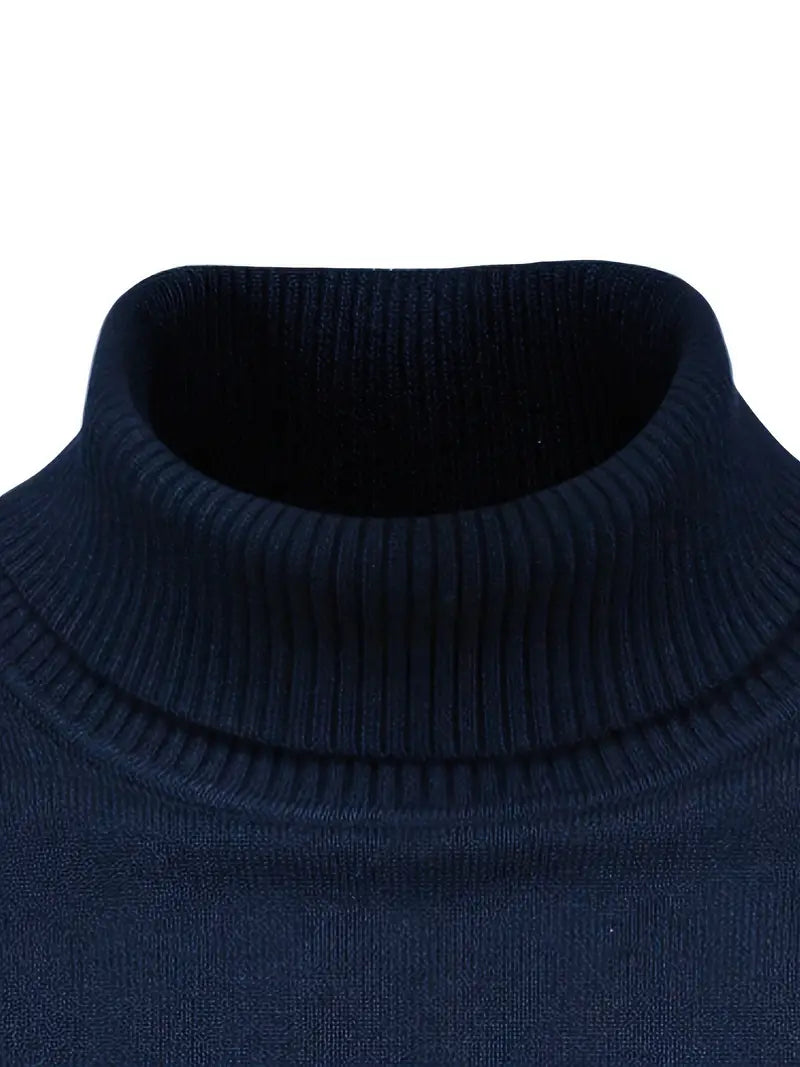 Dunkelblauer Rollkragenpullover aus Baumwolle, elegantes Design, Herbstmode für Damen.