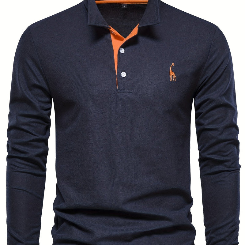 Dunkelblaues Herren-Poloshirt, langarm, mit orangefarbenem Kragen und Stickerei, Baumwolle.