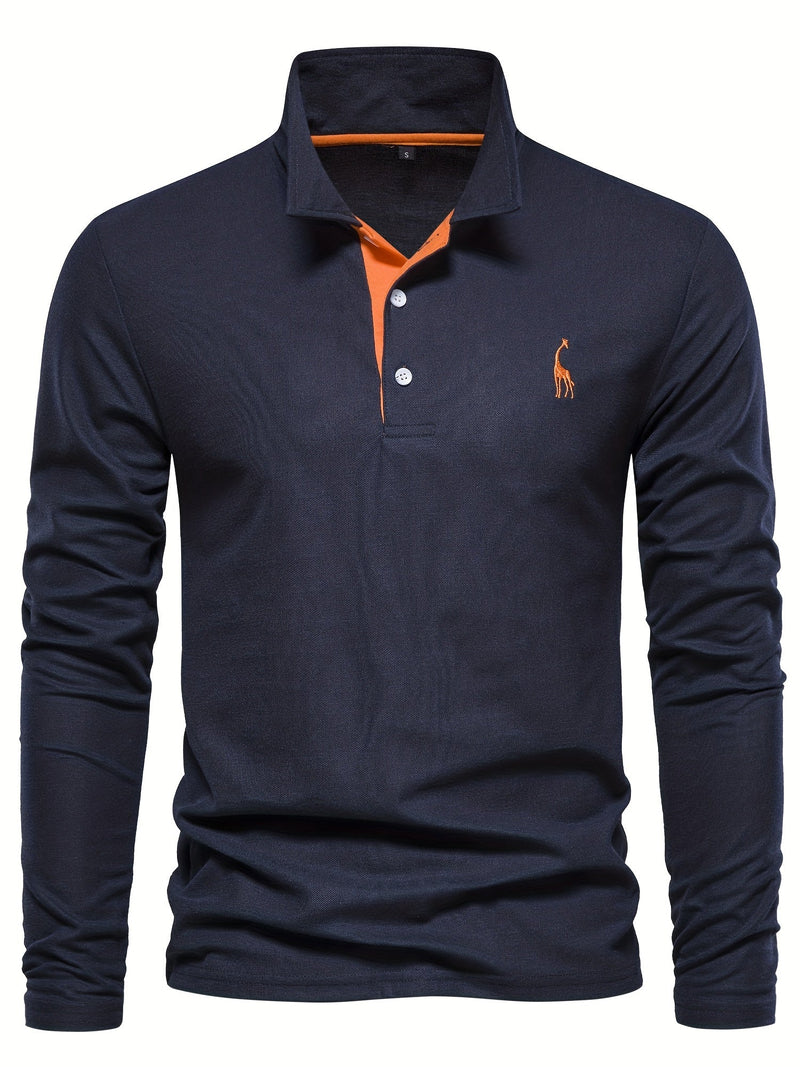 Dunkelblaues Herren-Poloshirt, langärmelig, mit orangefarbenem Kragen und Knopfleiste.