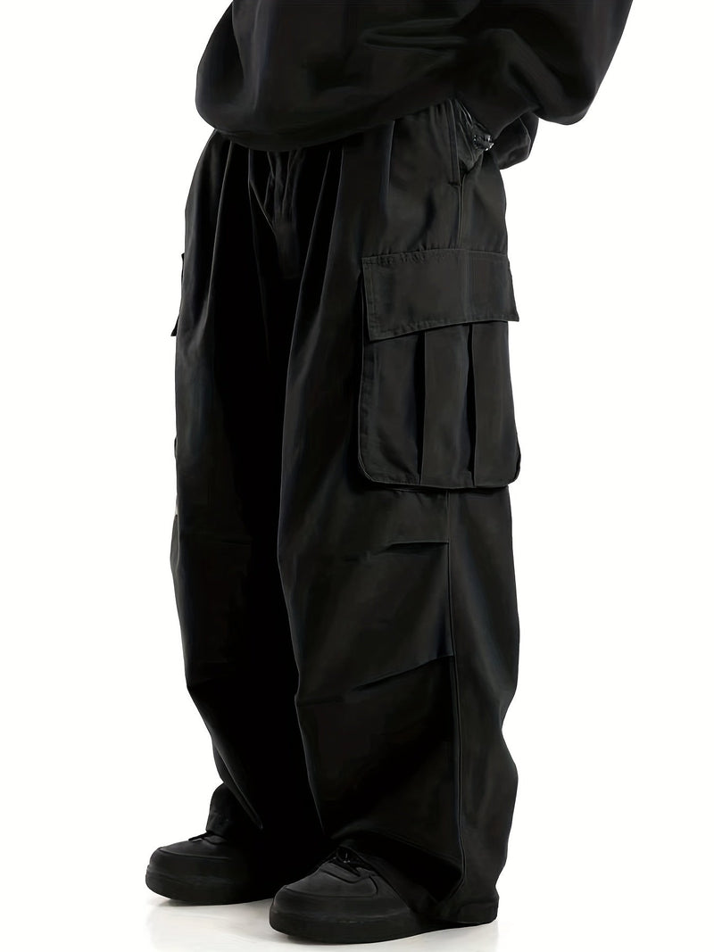 Schwarze Cargo-Hose Herren, weites Bein, Taschen, Streetwear, Baumwolle, modisch