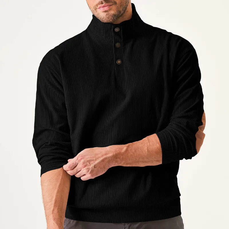 Männerpullover schwarz, Stehkragen, Knopfleiste, Langarm, Freizeitmode, Herrenbekleidung.
