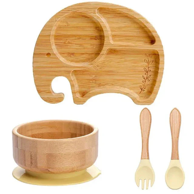 Bambus Kindergeschirr Set Elefant Design, Teller, Schüssel, Besteck, umweltfreundlich