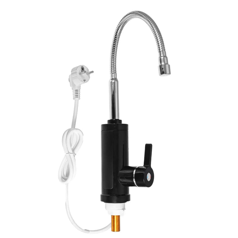 Elektrischer Wasserhahn, schwarz, mit flexiblem Auslauf und EU-Stecker, energiesparend.