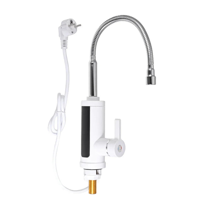 Elektrischer Wasserhahn, weiß, mit flexiblem Auslauf und EU-Stecker, energiesparend.
